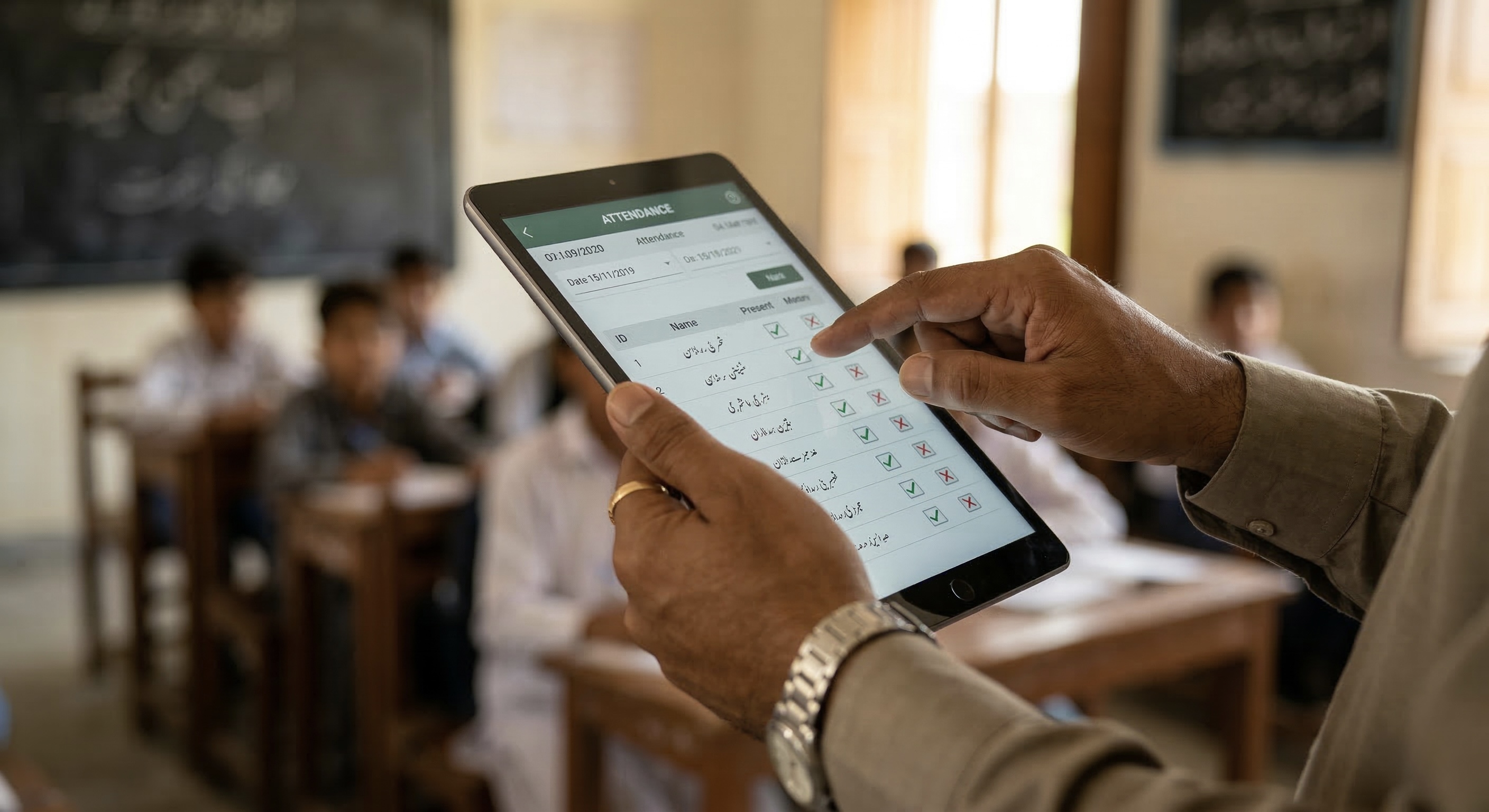 Teacher in Karachi using PakEducate on tablet